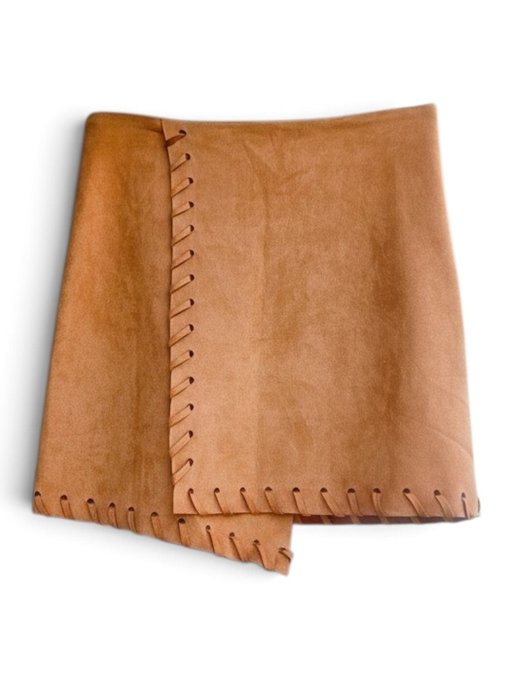 Haute Rogue Whipstitch Faux Suede Mini Skirt Tan Asymmetrical Wrap Size M